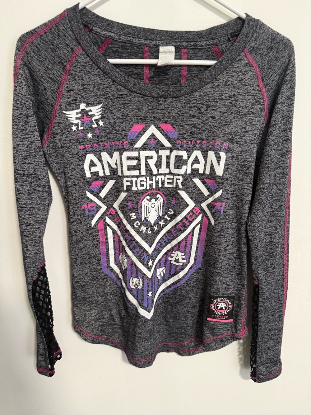 American Fighter Gray Long Sleeve Graphic Tee with Pink & Purple Accents